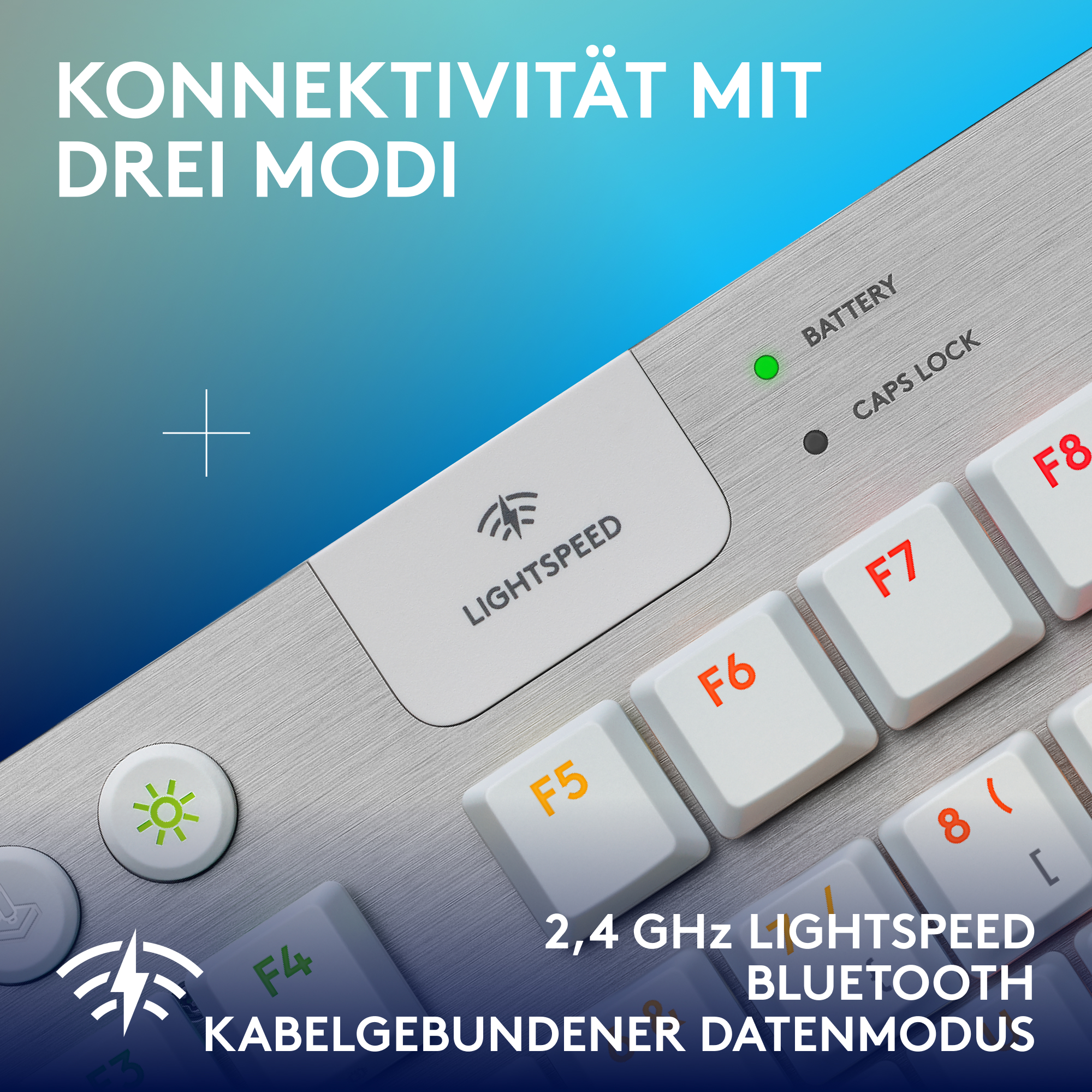 Eine Tastatur mit Lichtern und Funktionstasten. Verfügt über 2,4 GHz Lightspeed und Bluetooth.