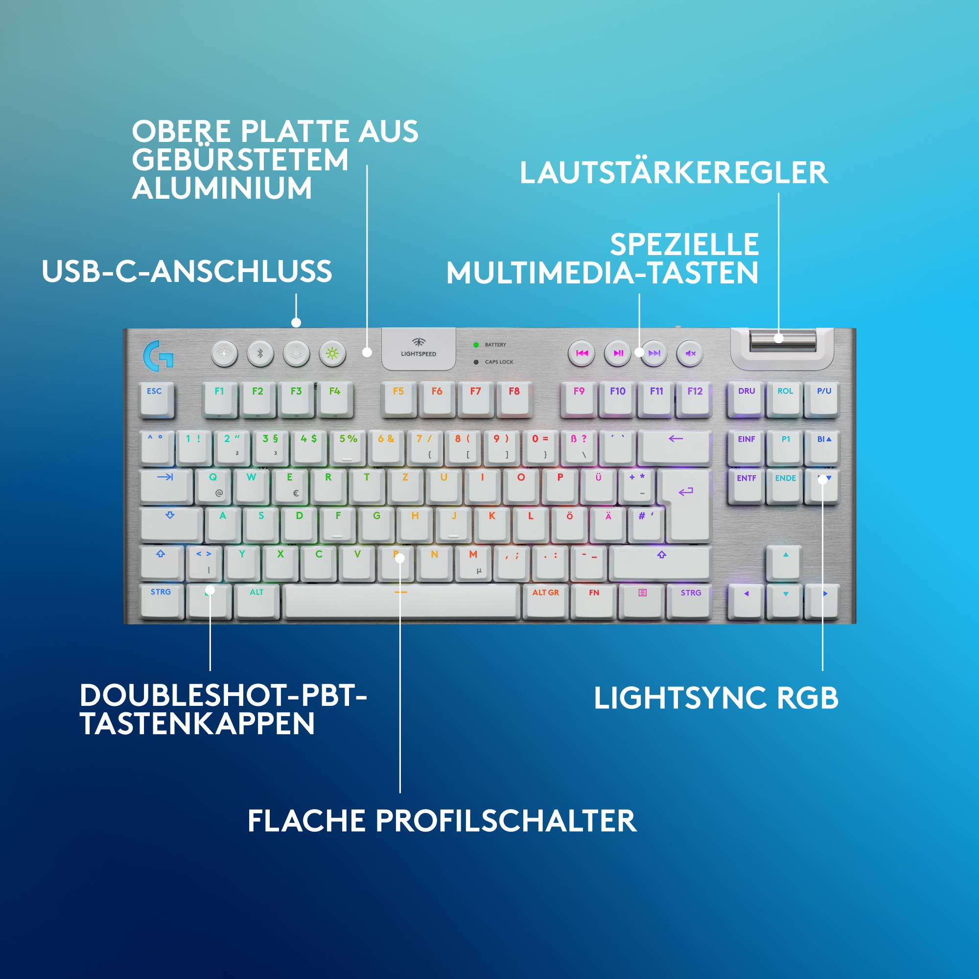Logitech-Tastatur. Weiße Tasten, silbernes Gehäuse, Beschriftungen und Funktionen.