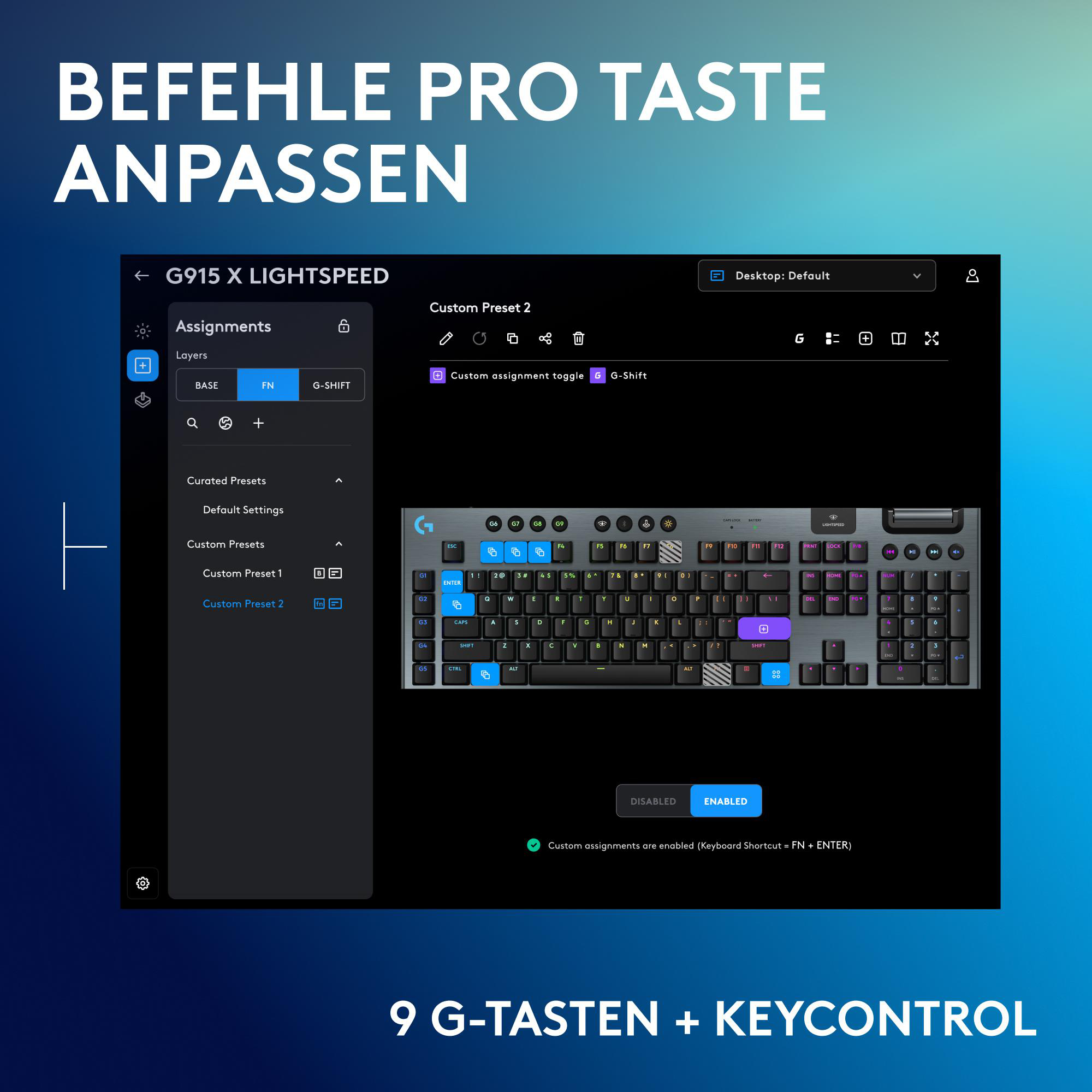 Benutzeroberfläche für benutzerdefiniertes Tastaturlayout. Zeigt G915 LIGHTSPEED, benutzerdefinierte Voreinstellungen und Tastenbelegungen.