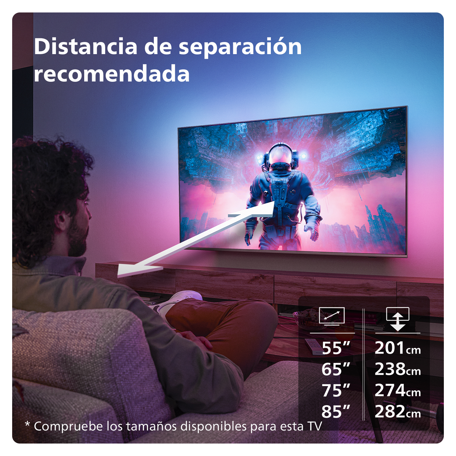 Hombre sentado viendo TV con escena espacial. Texto muestra distancias de visualización recomendadas.