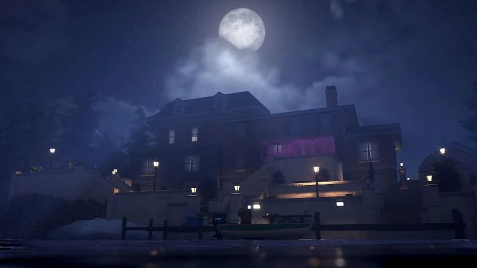 Nachtscène met een huis, meer en volle maan.