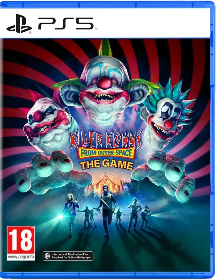 PS5-gamecover: Killer Klowns From Outer Space: The Game. Toont clowns.