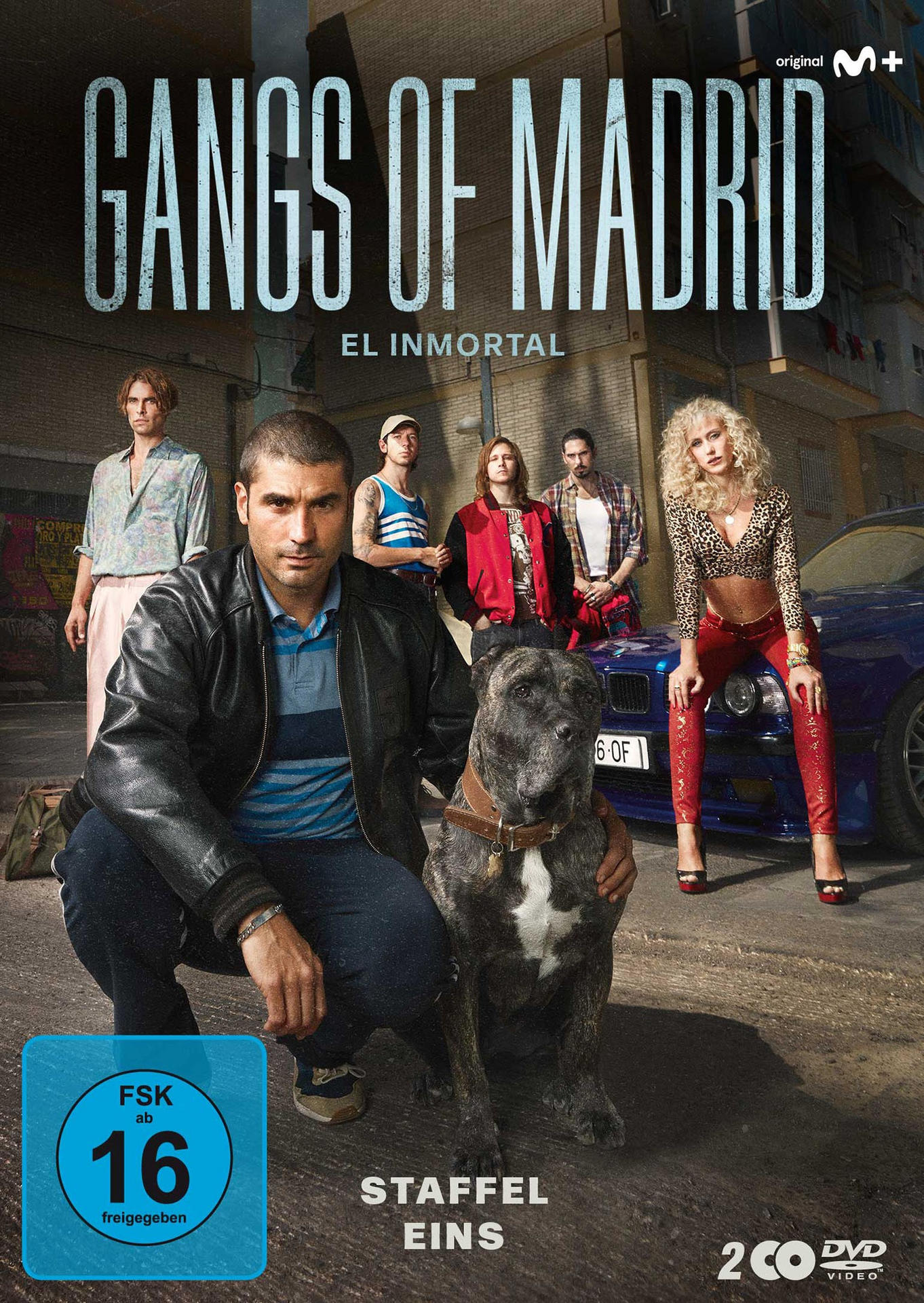 DVD-Cover für Gangs of Madrid, mit einer Gruppe von Leuten und einem Hund. Der Titel steht oben.