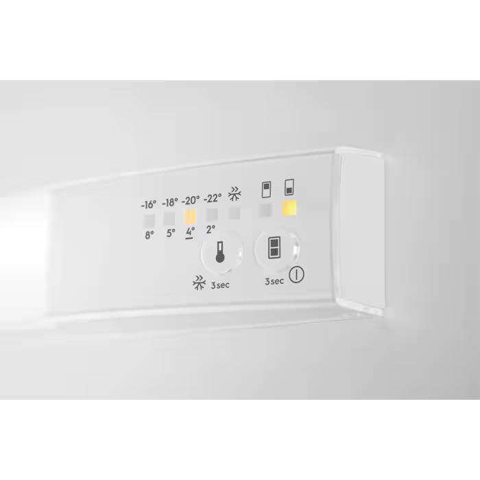 Panel de control del refrigerador con ajustes de temperatura e iconos. Muestra funciones.