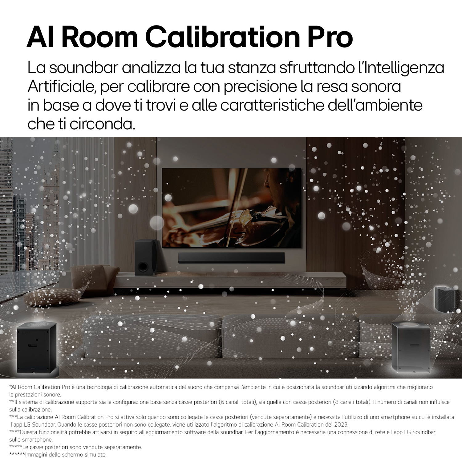 Immagine di una stanza con una soundbar e diversi altoparlanti.