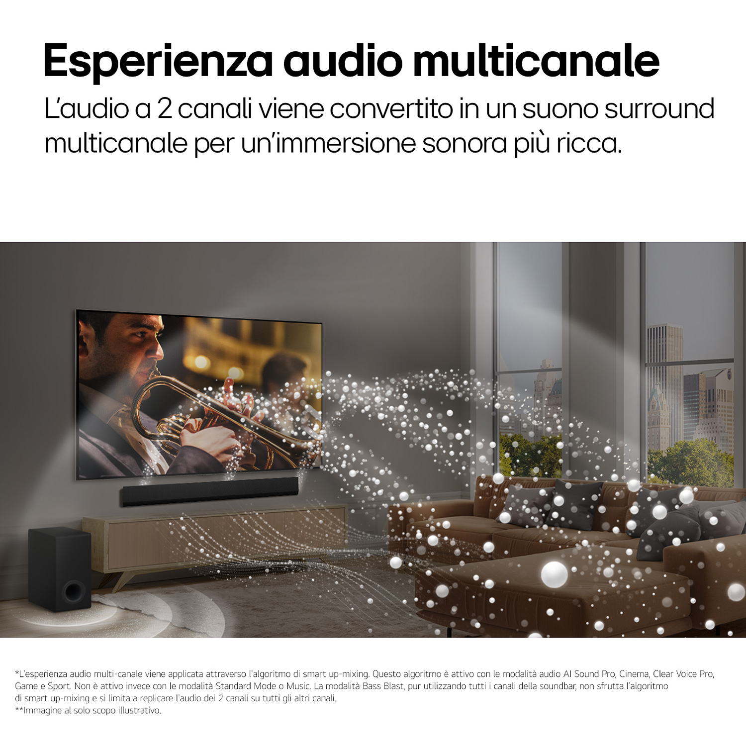 Soggiorno con TV e soundbar, un uomo suona la tromba sullo schermo.