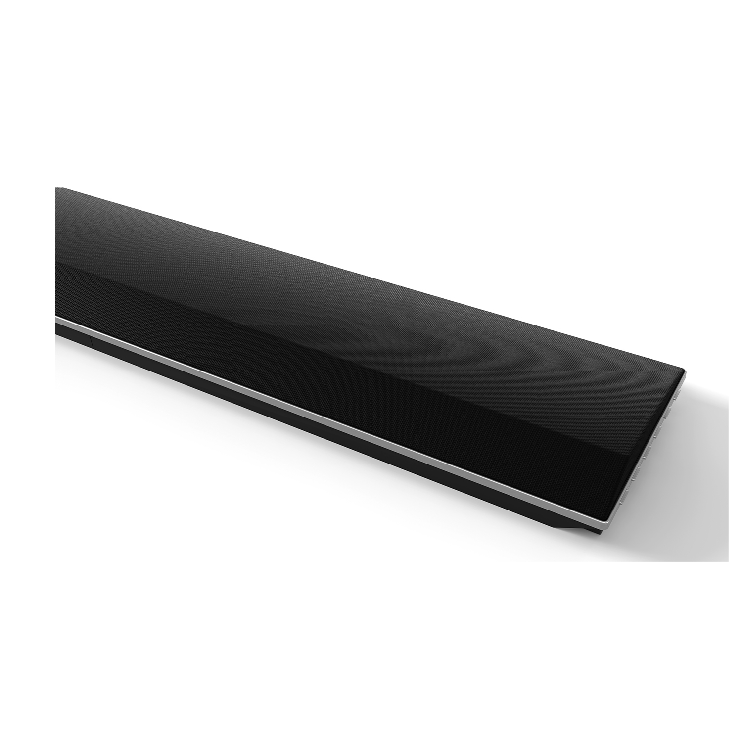 Una soundbar nera con finiture argentate.