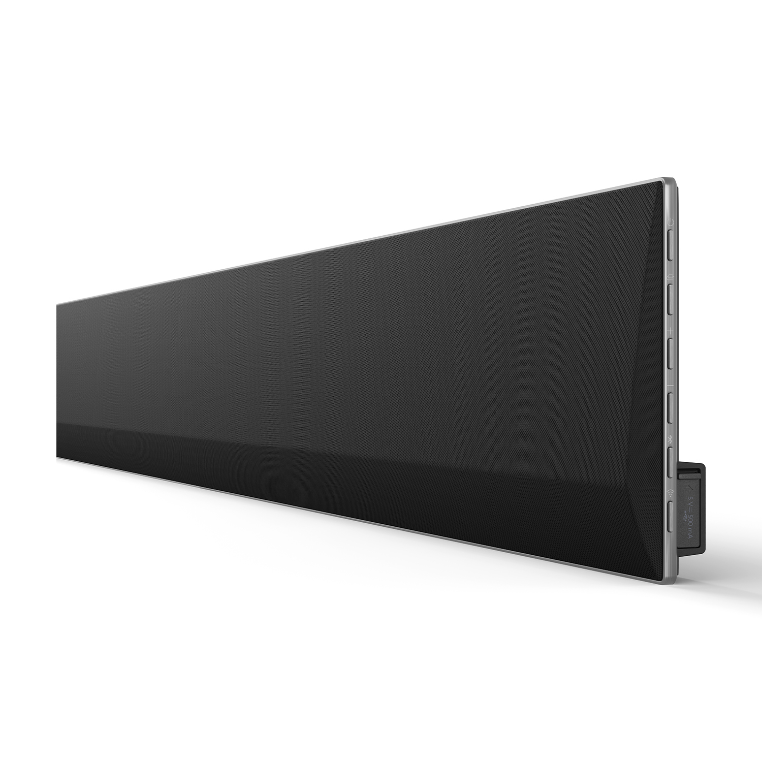 Una soundbar lunga e nera. Rifinitura argentata sui lati. Sfondo bianco.
