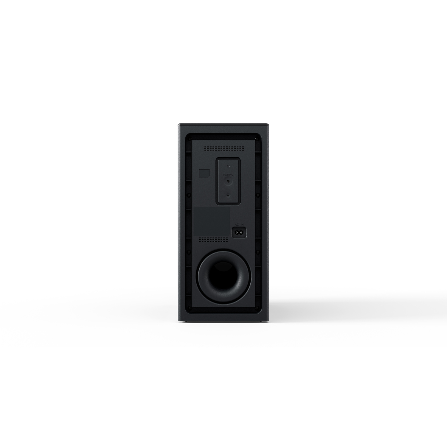 Vista posteriore di una soundbar nera con porta centrale e ampio altoparlante circolare.