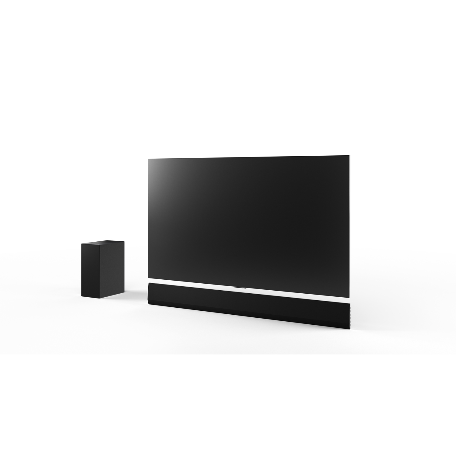 TV nero con soundbar e subwoofer su sfondo bianco.