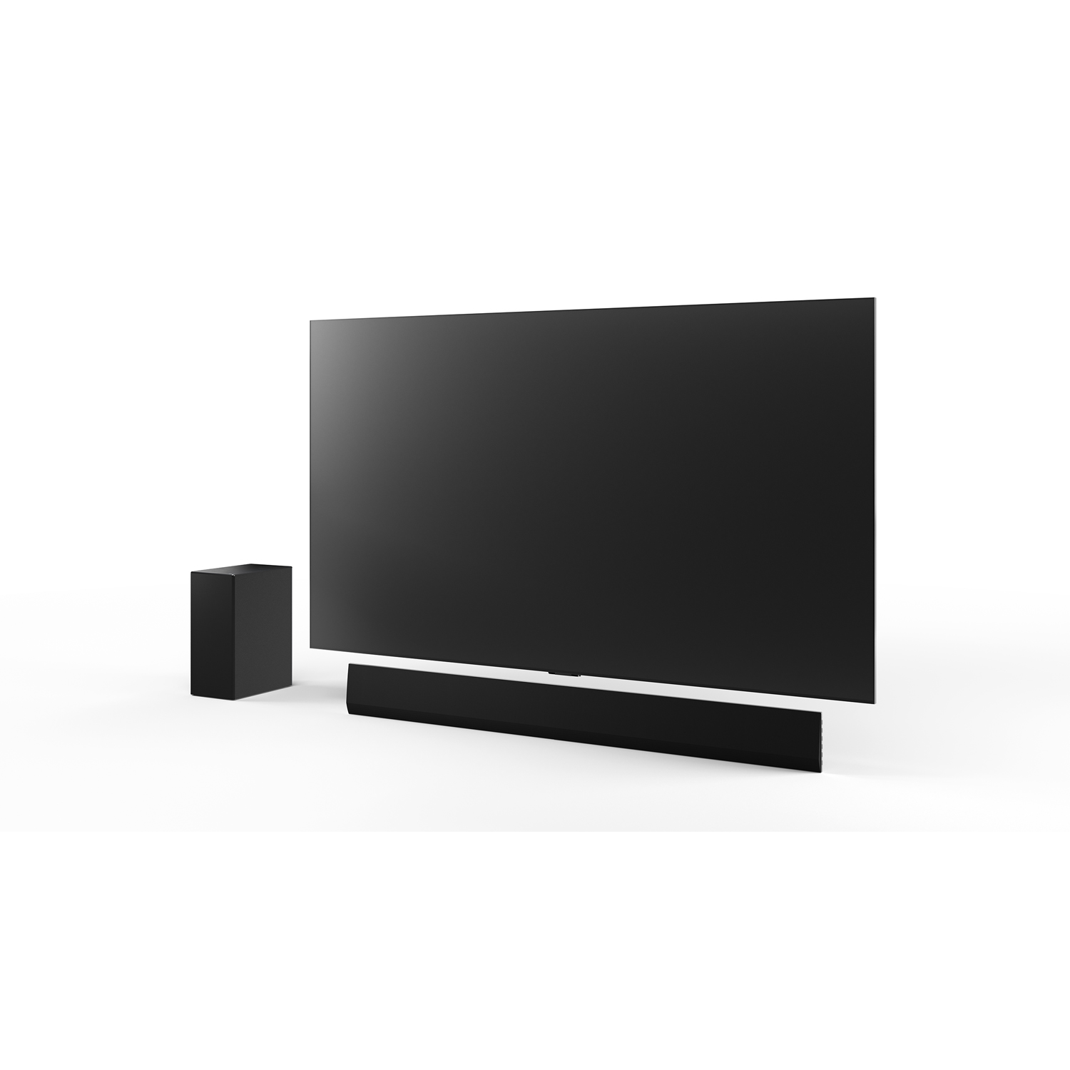 TV e soundbar su sfondo bianco. La TV è nera.