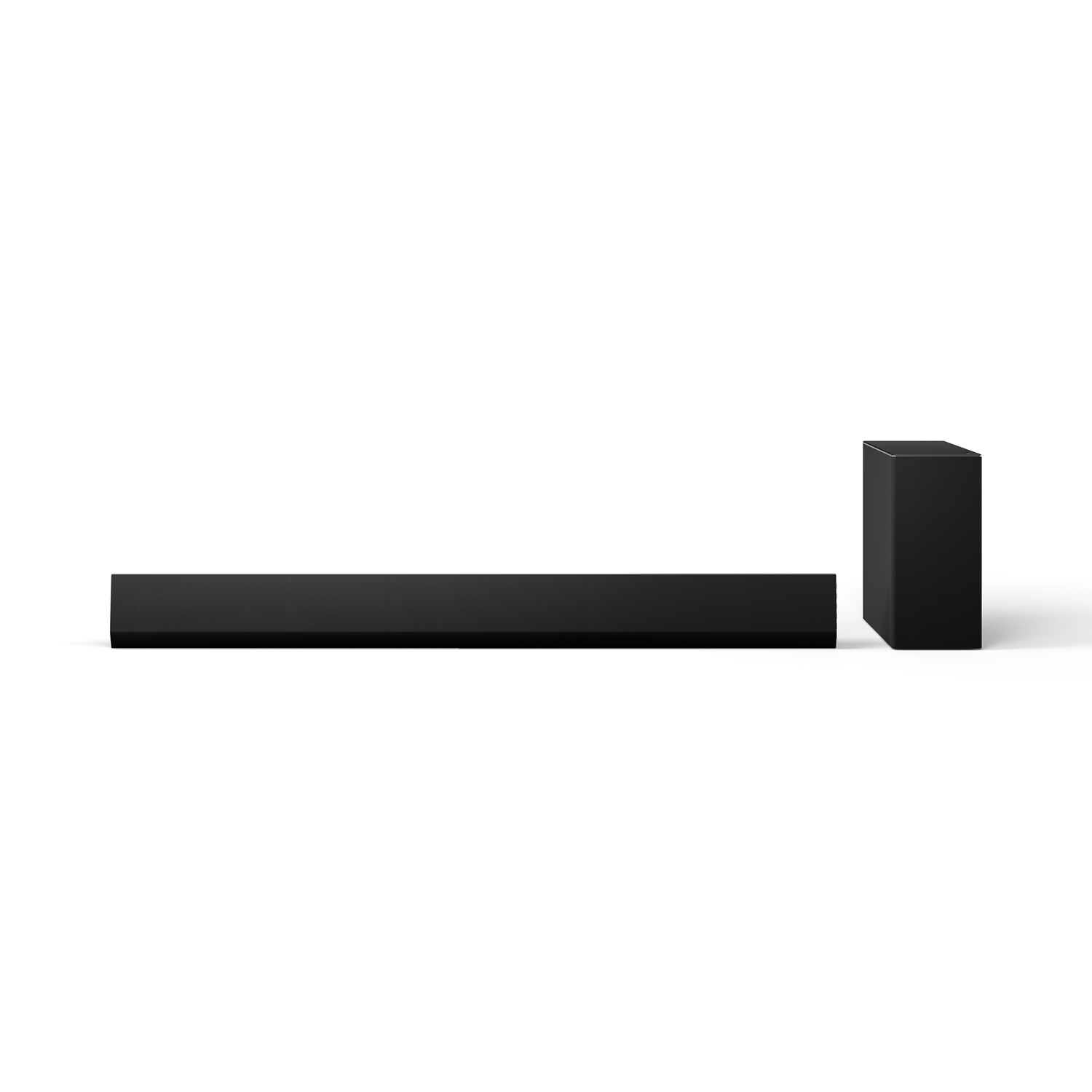 Soundbar nera con un subwoofer nero su sfondo bianco.