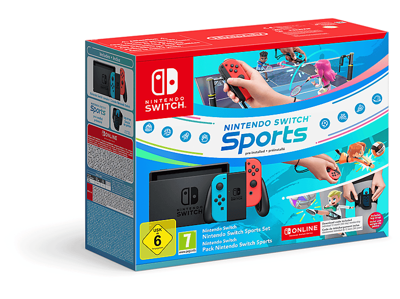 NINTENDO Switch™-Konsole (Neon-Blau/Neon-Rot) – Nintendo Switch Sports-Set  + Nintendo Switch Online 12-monatige (365-tägige) Einzelmitgliedschaft