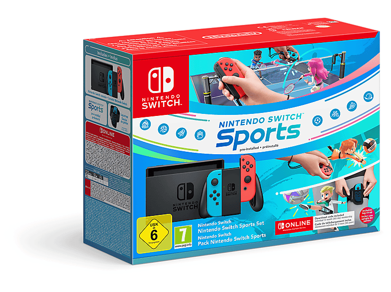 NINTENDO Switch™-Konsole (Neon-Blau/Neon-Rot) – Nintendo Switch Sports-Set + Online 12-monatige (365-tägige) Einzelmitgliedschaft