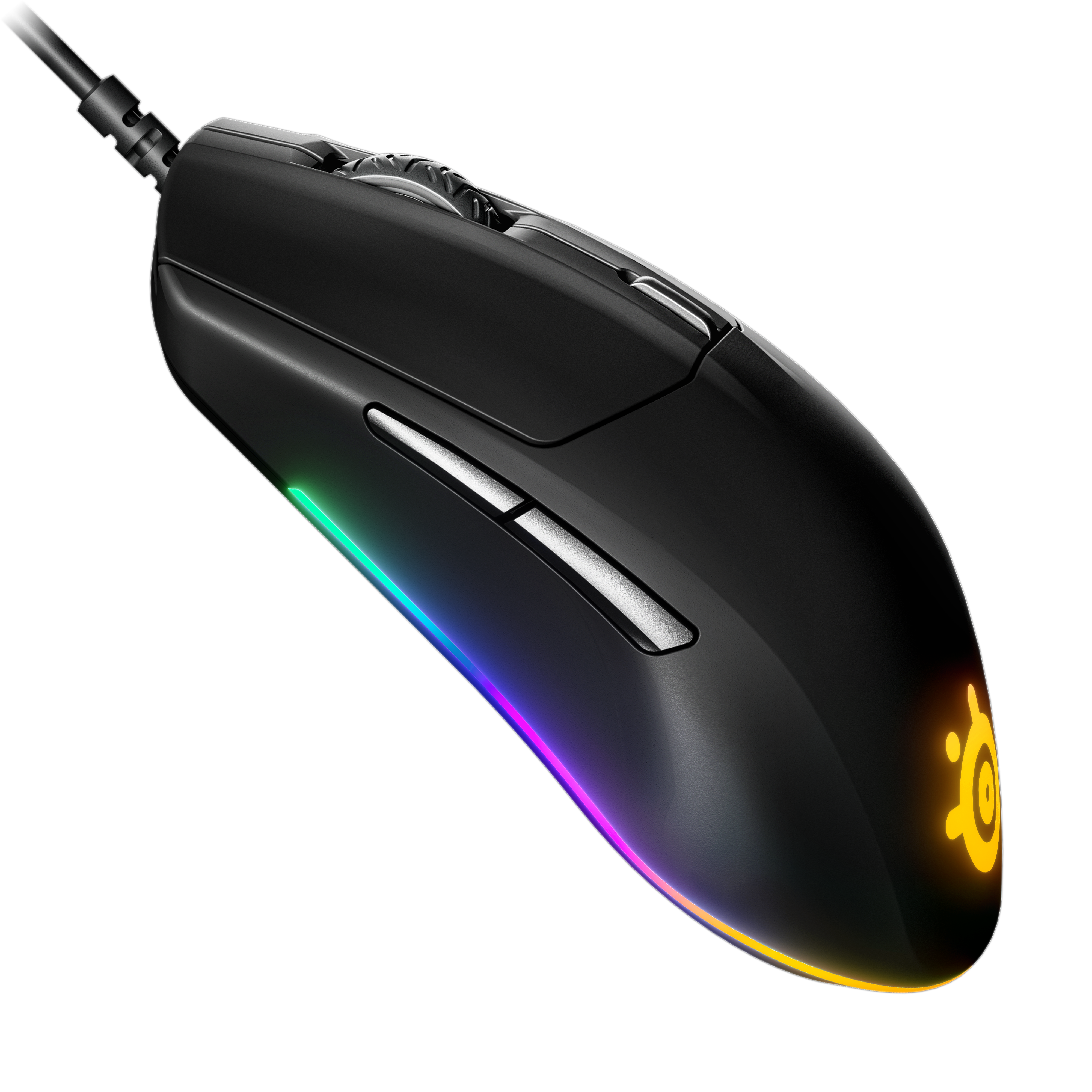 Siyah bir oyun faresi, alt kenar boyunca RGB aydınlatmaya sahip, siyah bir arka plan üzerinde. SteelSeries logosu görünür.