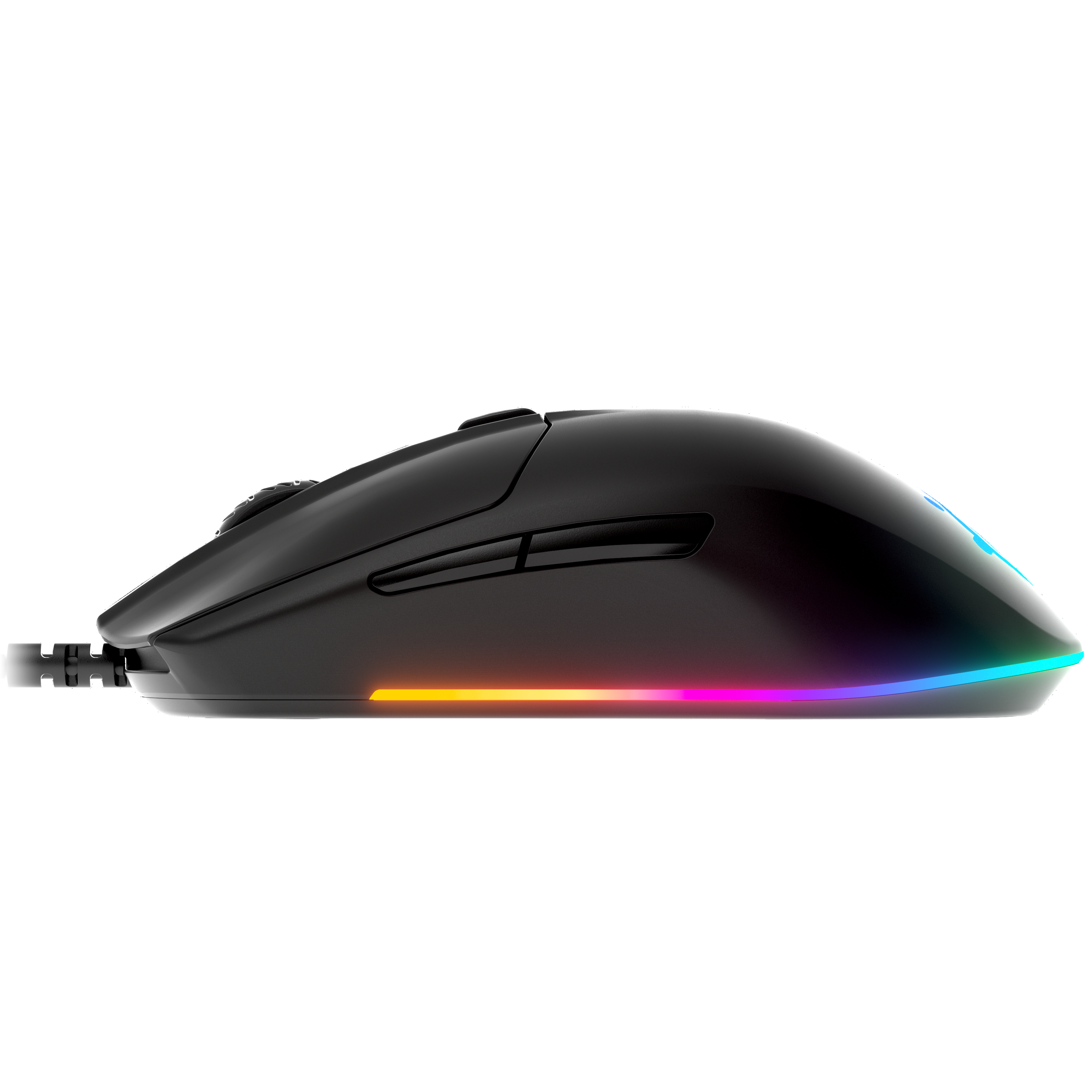 Altında RGB aydınlatma ve siyah bir arka planı olan siyah bir oyun faresi.