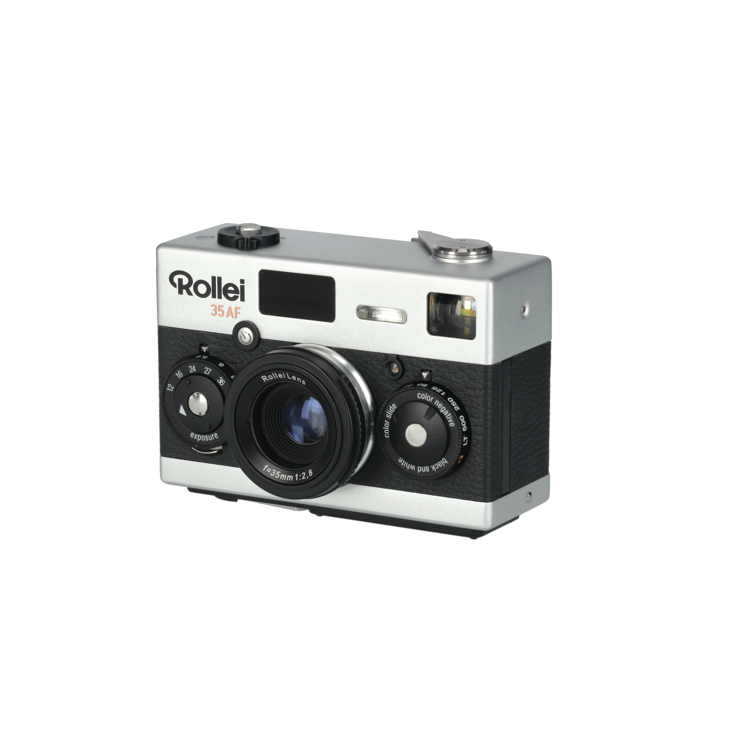 Eine silberne und schwarze Rollei 35 AF Kamera mit Objektiv und verschiedenen Einstellrädern.