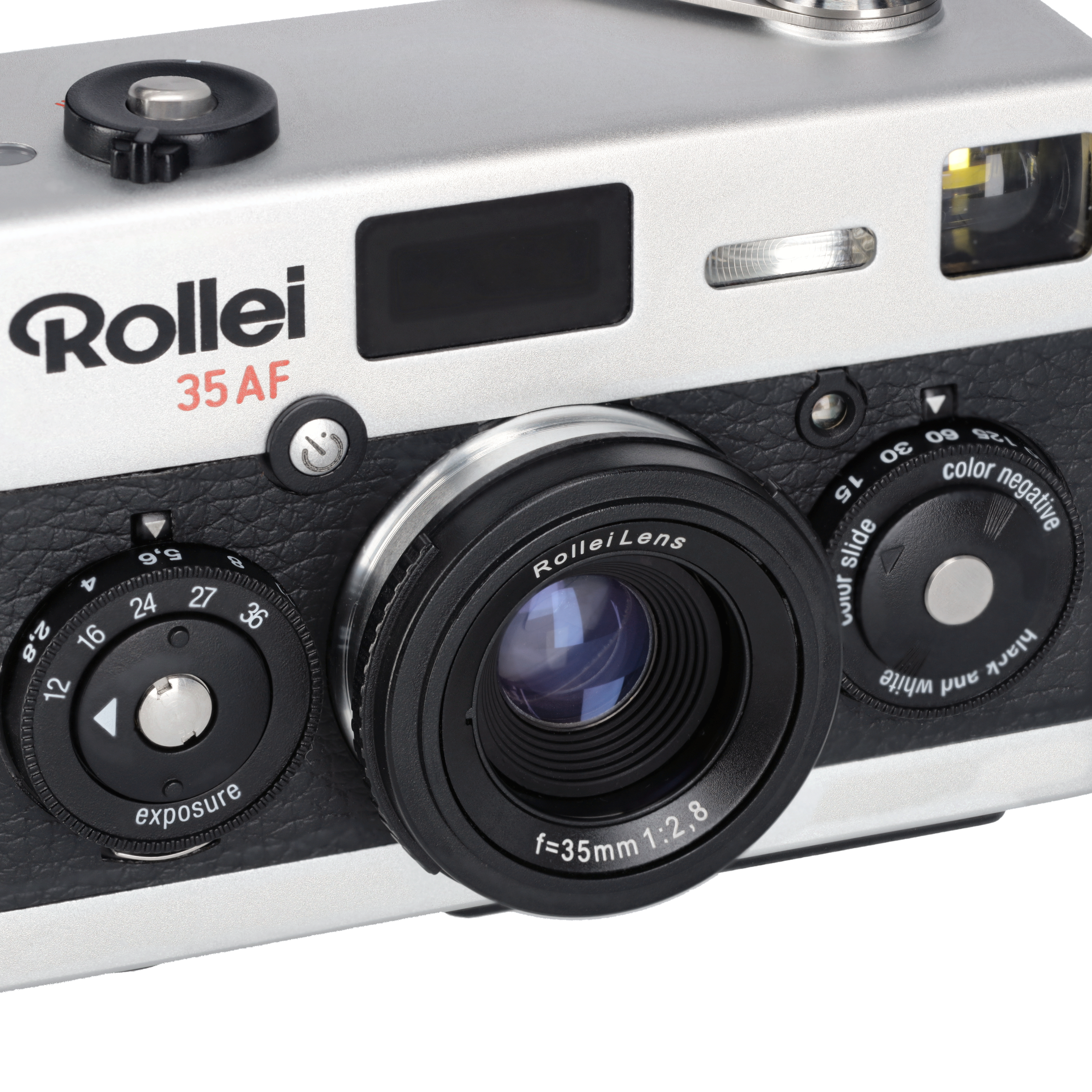 Nahaufnahme einer schwarzen und silbernen Rollei 35 AF Kamera mit Linsen-Details.