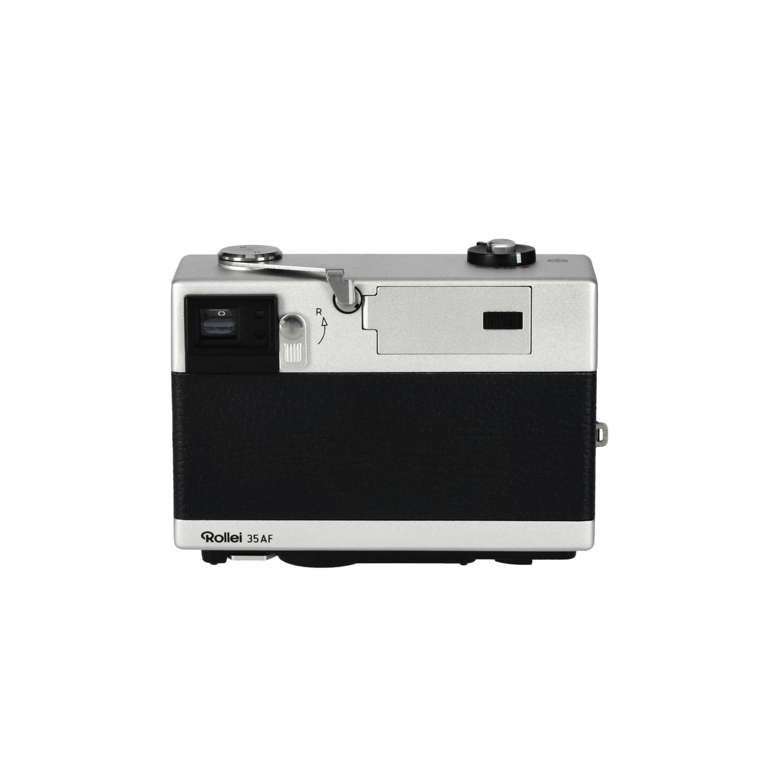 Rollei 35AF Kamera, silber und schwarz, Draufsicht, zeigt die Bedienelemente und den Sucher.