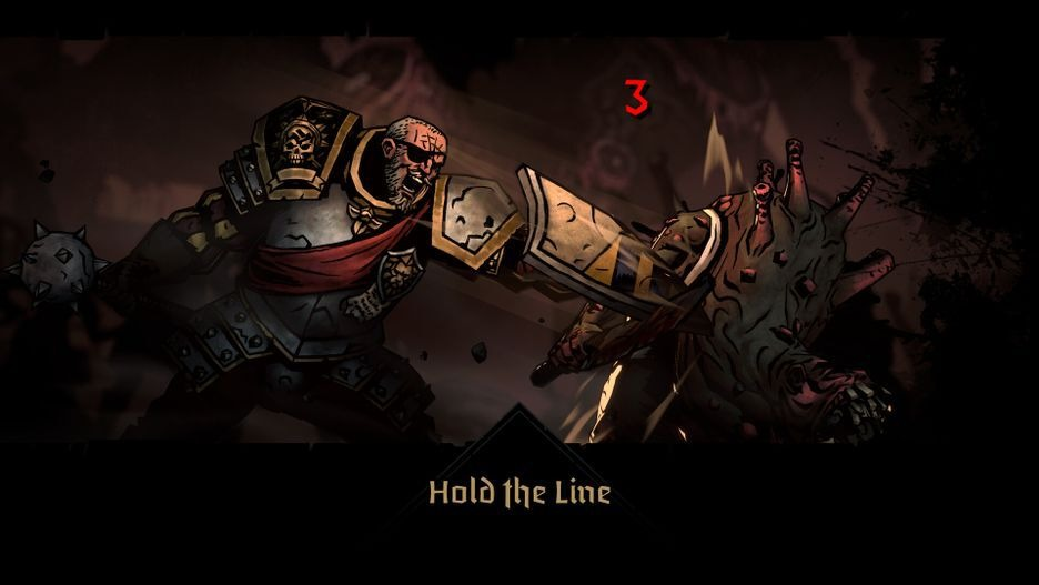 Darkest Dungeon game scène, twee vechtende karakters, tekst 'Hold the Line'.