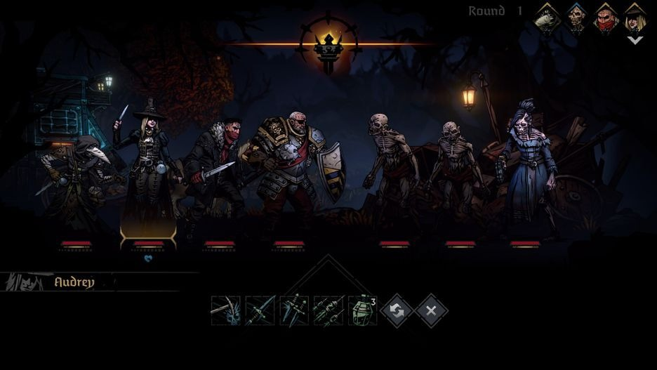 Screenshot van een videogame met zes karakterillustraties in een donkere, middeleeuwse setting.