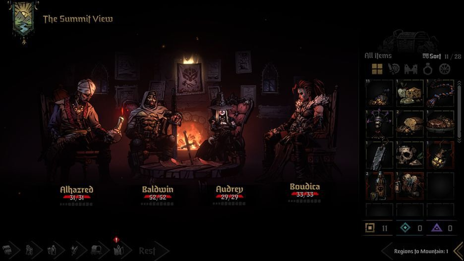 Darkest Dungeon-spelscène: Vier personages in een kamer met een open haard, items rechts.