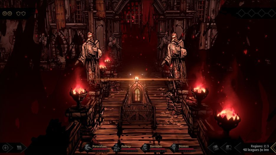 Darkest Dungeon scène. Twee figuren in een rode gang.