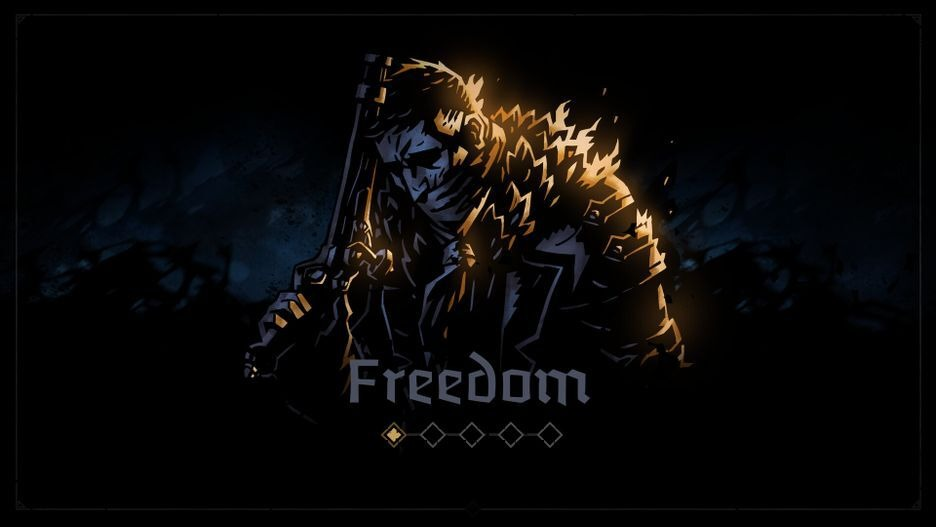 Darkest Dungeon-personage met het woord "Freedom" en een diamantsymbool.