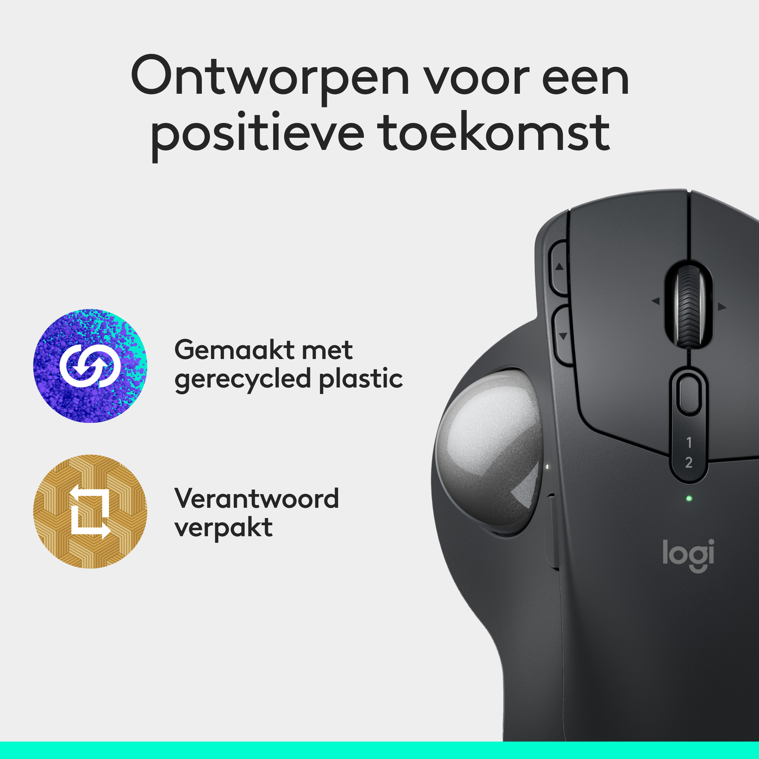 Zwarte computermuis met trackball en pictogrammen op witte achtergrond.
