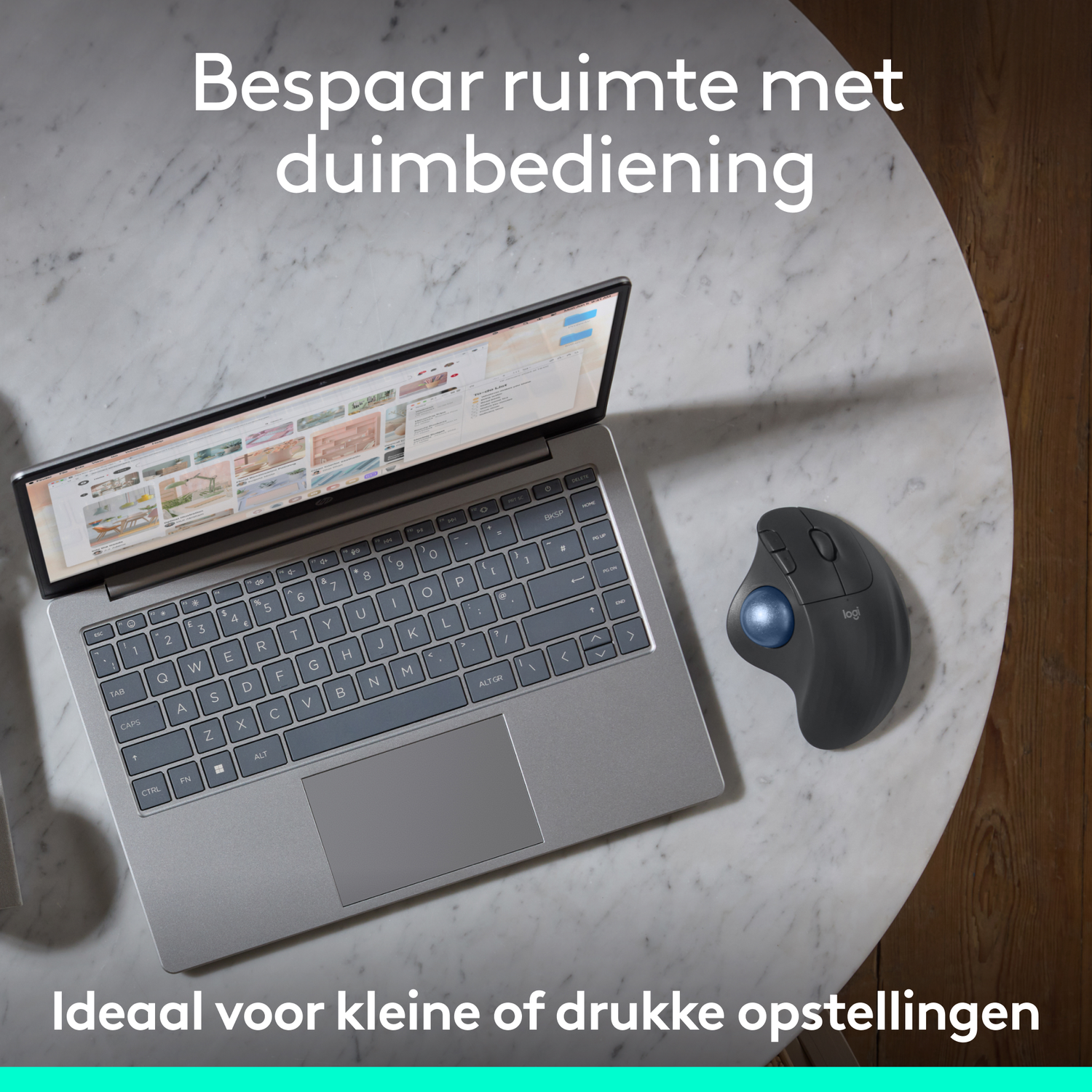 Laptop and ergonomic mouse on a marble table. Text states 'Save space with thumb control'.