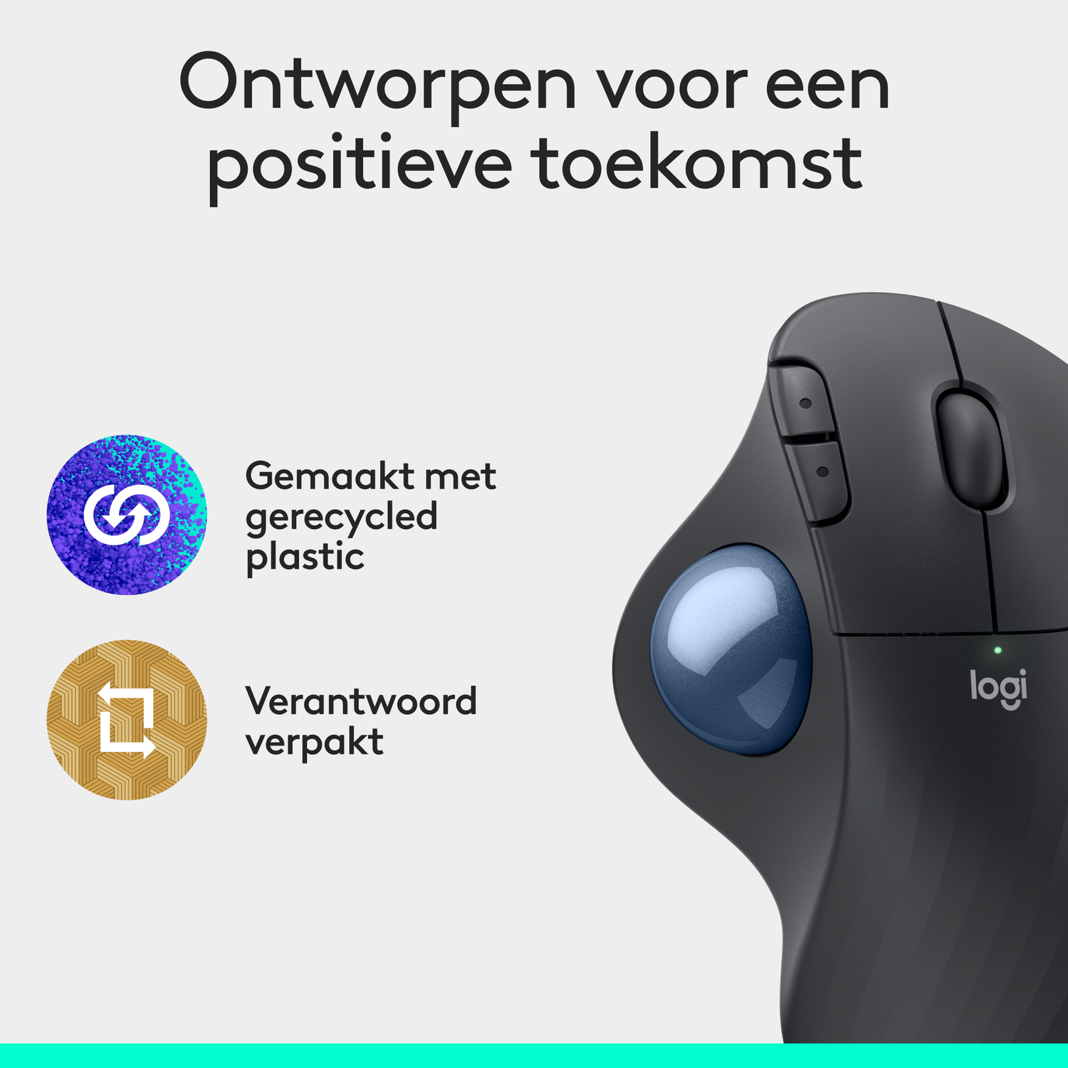 A black ergonomic mouse with a blue trackball, with text and logos.