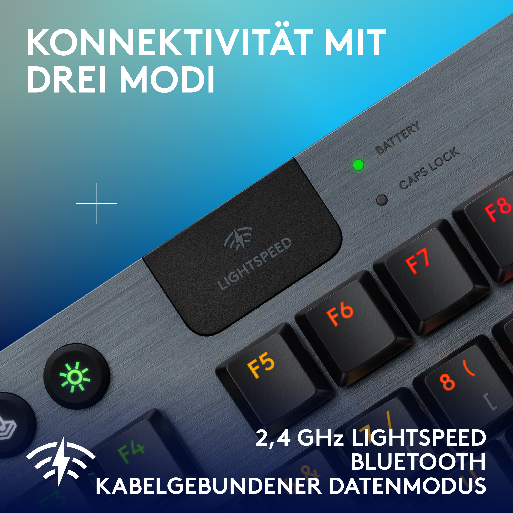 Nahaufnahme einer Tastatur mit Funktionstasten und Batteriestandsanzeige.