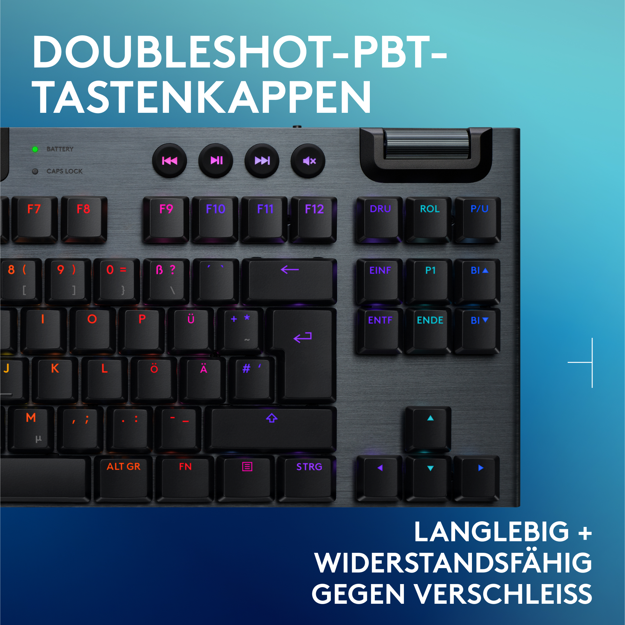 Nahaufnahme einer Tastatur mit hervorgehobenen Tasten und dem Wort 'DOUBLSHOT-PBT-TASTENKAPPEN'.