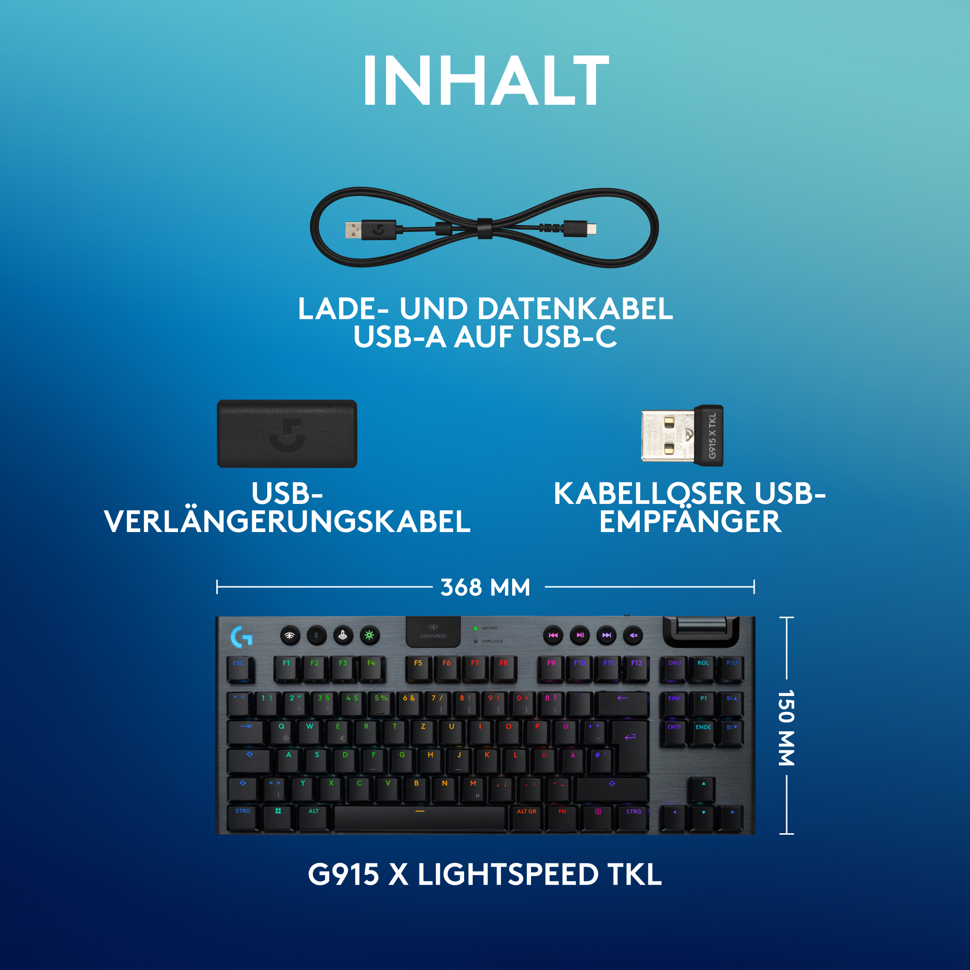 Tastatur und Zubehör: USB-Kabel, Verlängerungskabel und kabelloser USB-Empfänger.
