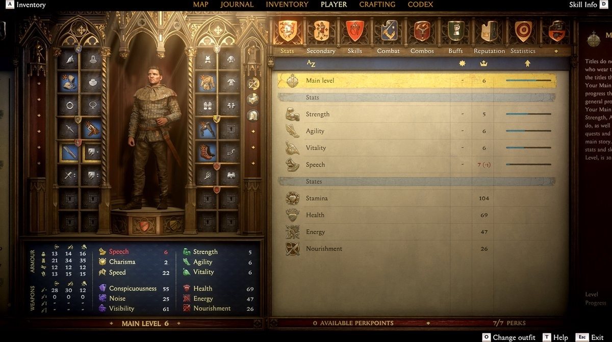 Een game-interface met karakterstatistieken en inventaris. Een personage staat in een kamer.