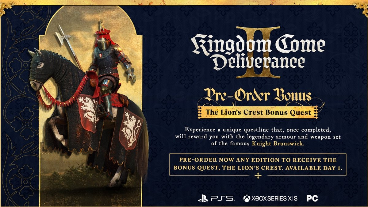 Ridder te paard, met tekst over een pre-order bonus voor een game.