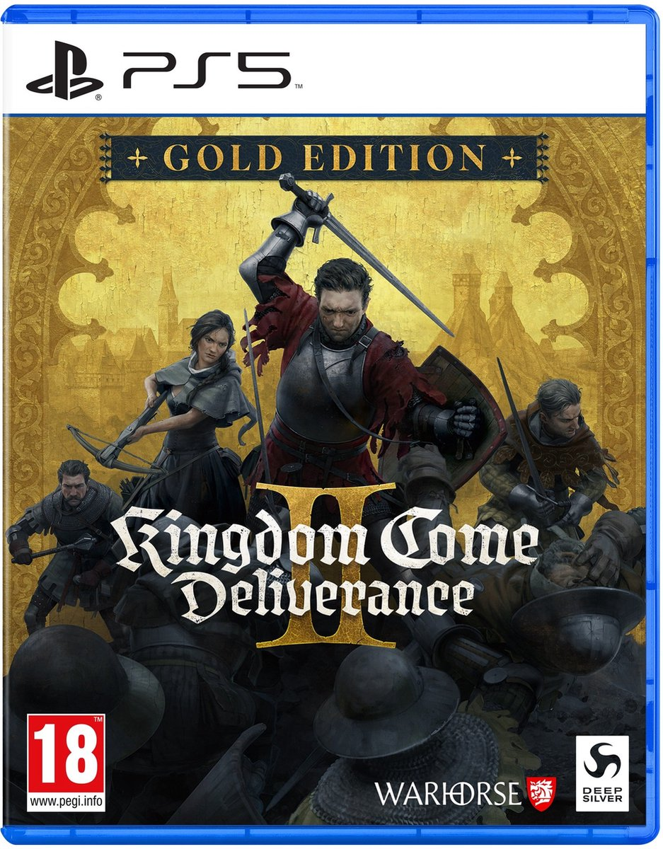 Gamecover van Kingdom Come Deliverance II. Personages met zwaarden en harnassen vechten.