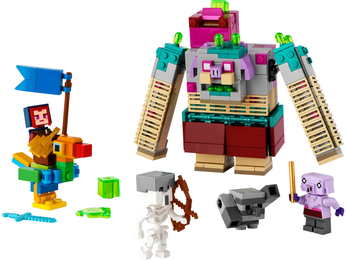 Zestaw Lego Minecraft z różnymi postaciami i dużym potworem.