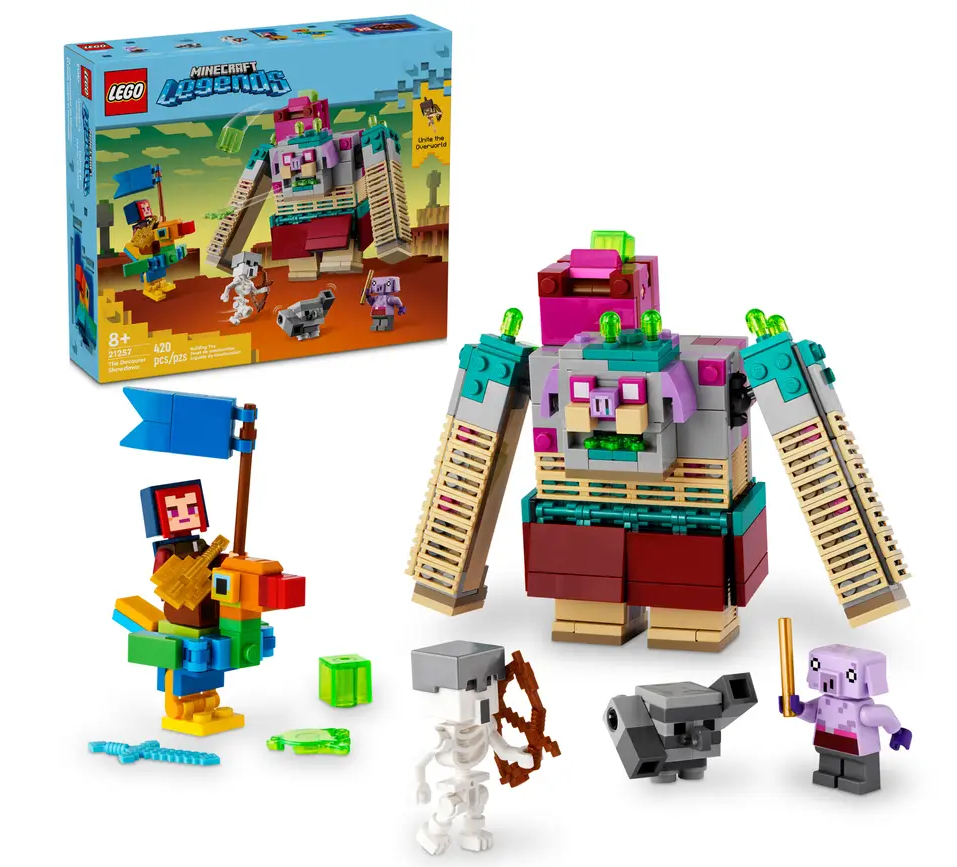 Zestaw Lego Minecraft. Zawiera dużą figurkę potwora i kilka mniejszych figurek.