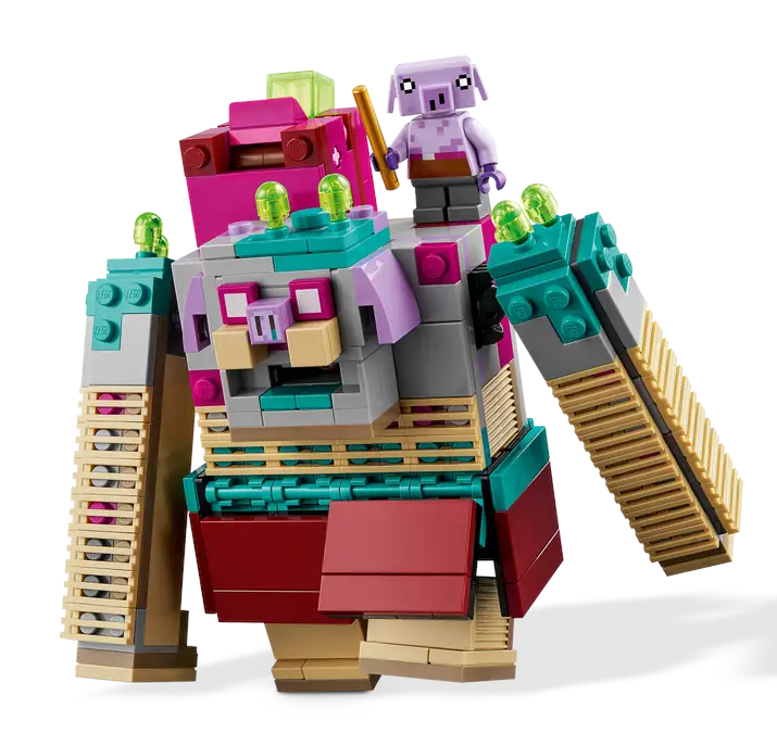 Figurka Lego Minecraft. Duży, klockowaty robot z postacią świni na górze. Różne kolory, takie jak turkusowy, różowy, szary i beżowy.