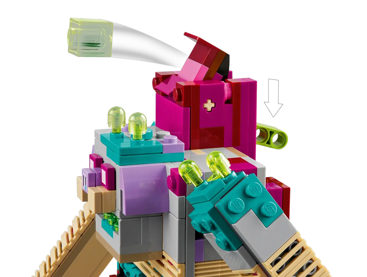 Konstrukcja Lego z klockami w różnych kolorach i przezroczystymi zielonymi elementami.