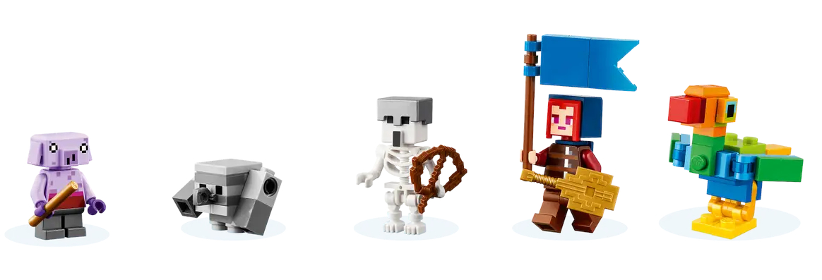 Figurki z Minecraft: świnka, wilk, szkielet z liną, kobieta z flagą, papuga.