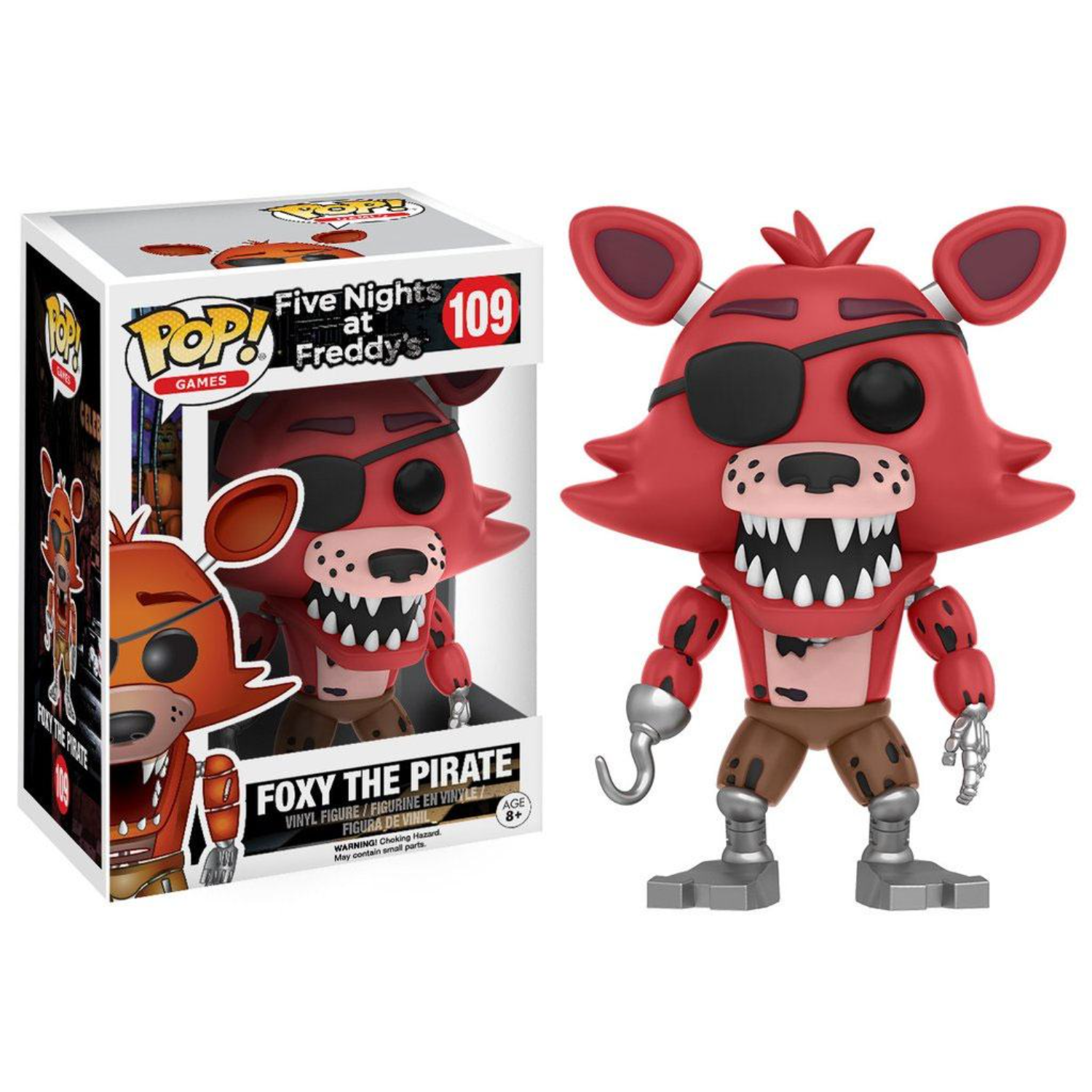 Foxy the Pirate figurine and box. Red fox with eye patch and hook hand.