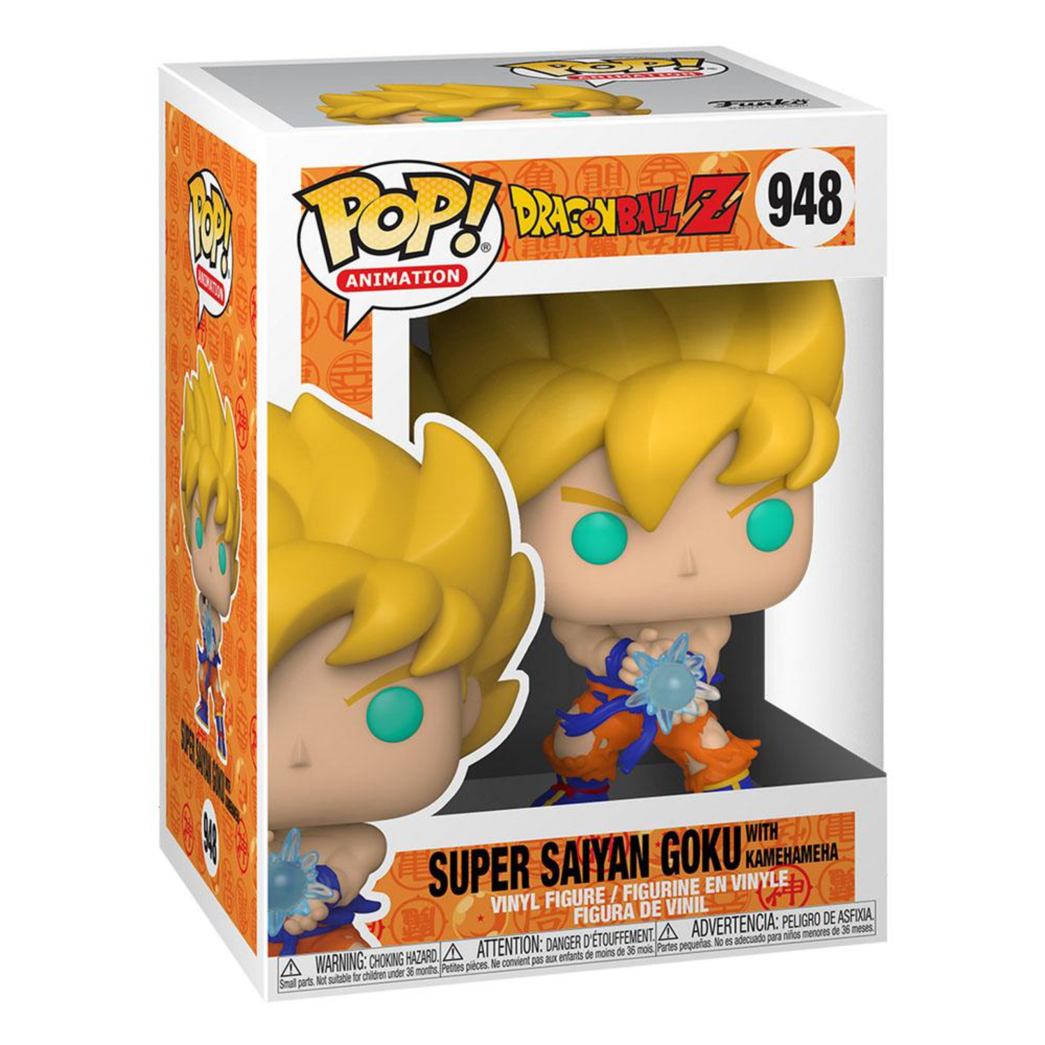 A Super Saiyan Goku Funko Pop figure in its box, with a blue energy effect.