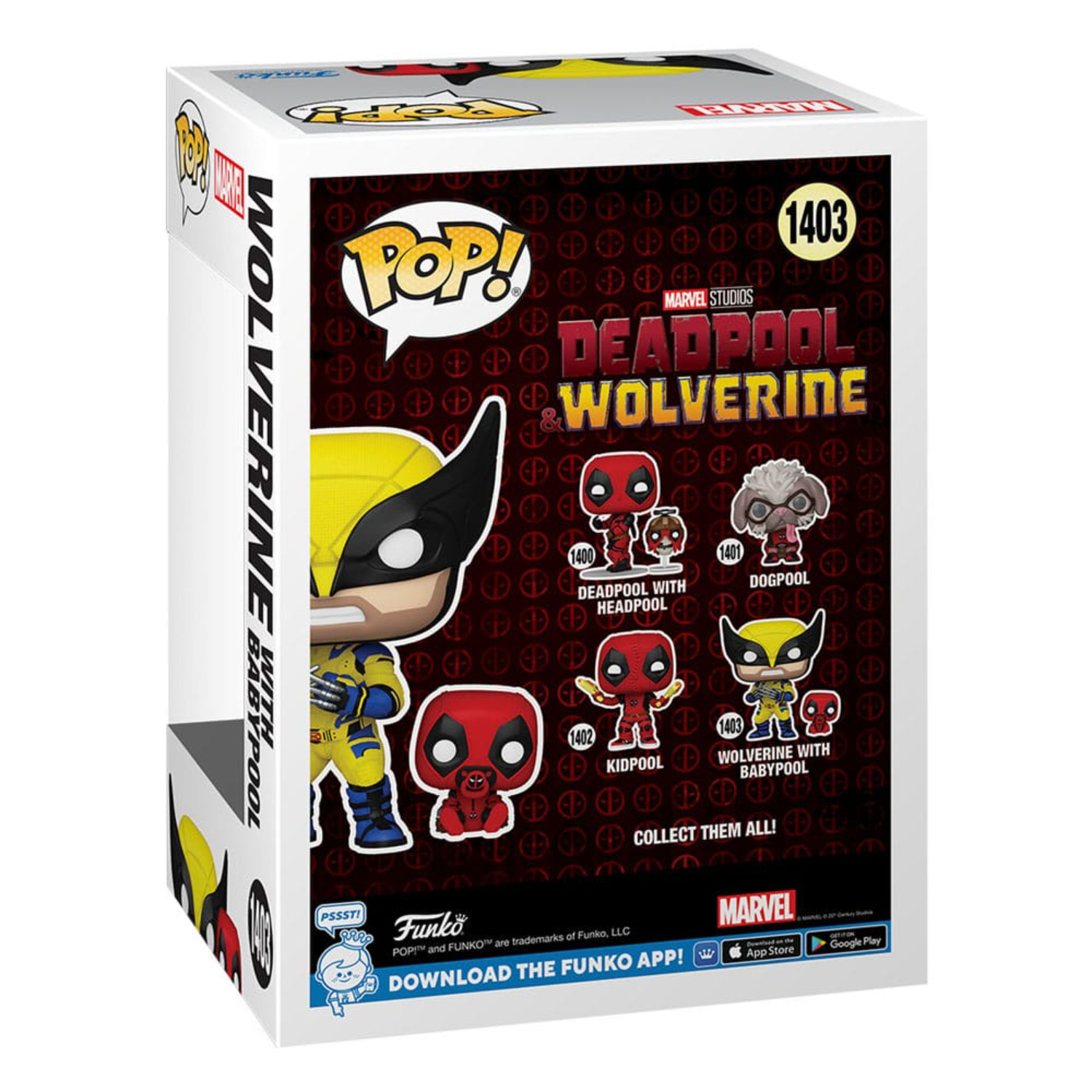 A Funko Pop box for Deadpool and Wolverine, with various figures displayed.