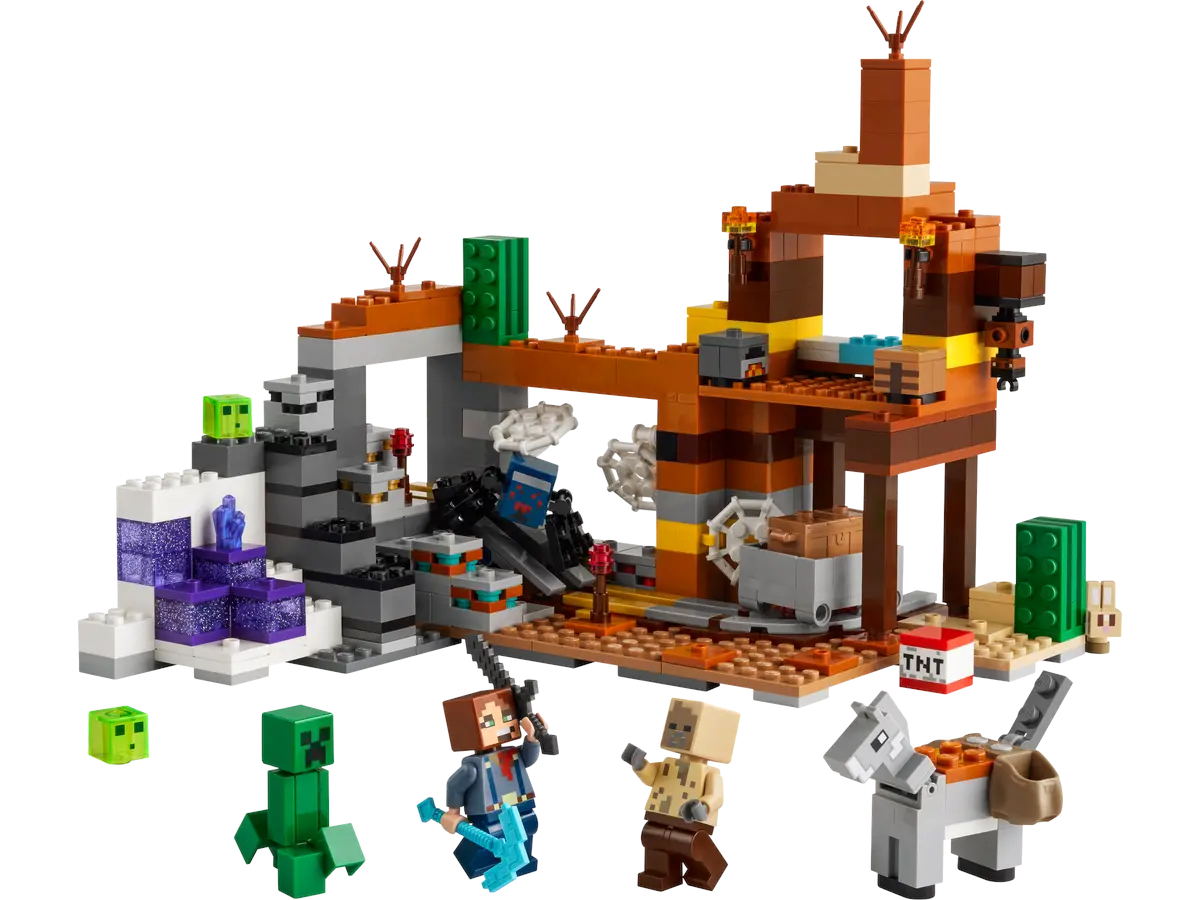 Zestaw Lego Minecraft. Postacie i budynki zbudowane z klocków Lego.