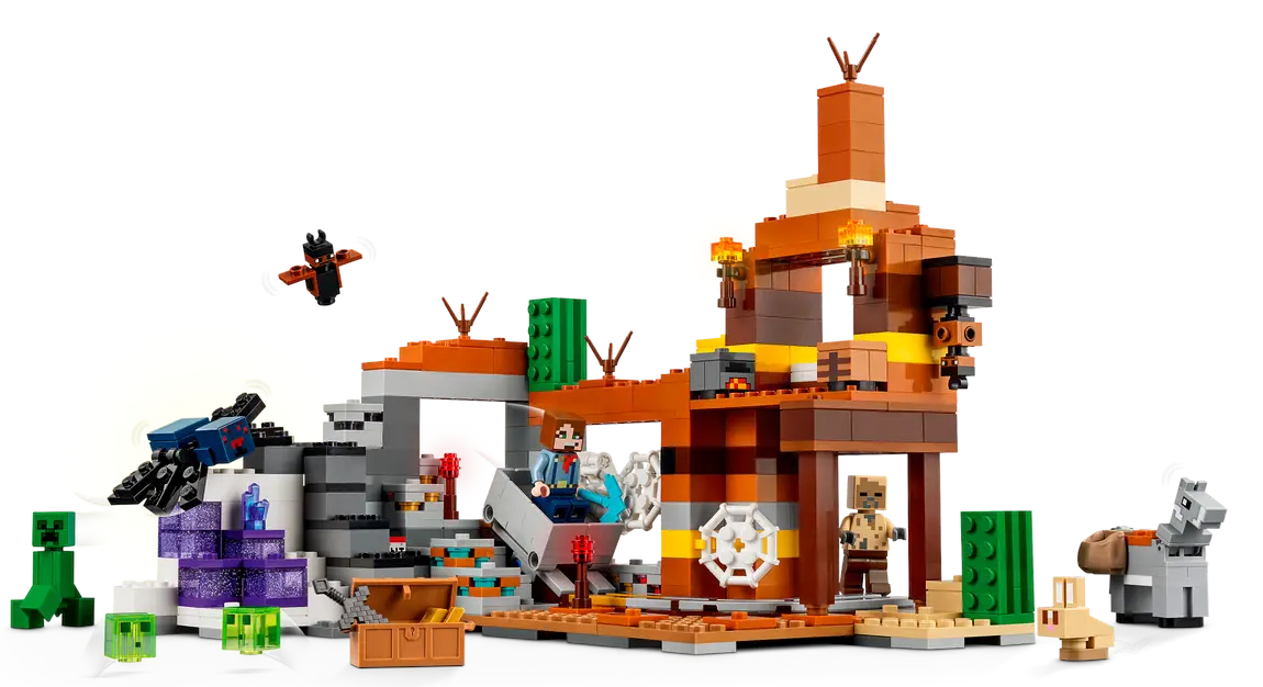 Zestaw Lego Minecraft. Zawiera figurki, konstrukcje i zwierzęta. Kolory: pomarańczowy, brązowy, zielony i szary. Widoczna latająca istota.