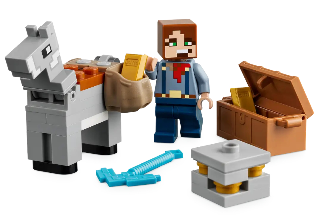 Zestaw Lego Minecraft z figurką trzymającą sztabki złota, osłem, skrzynią i klockami.