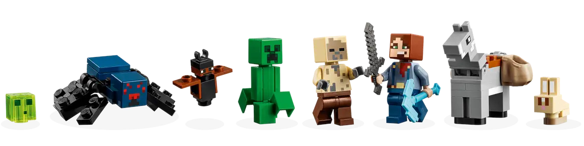 Figurki Lego Minecraft w rzędzie: slime, pająk, nietoperz, creeper, wojownik, Steve, koń, królik.