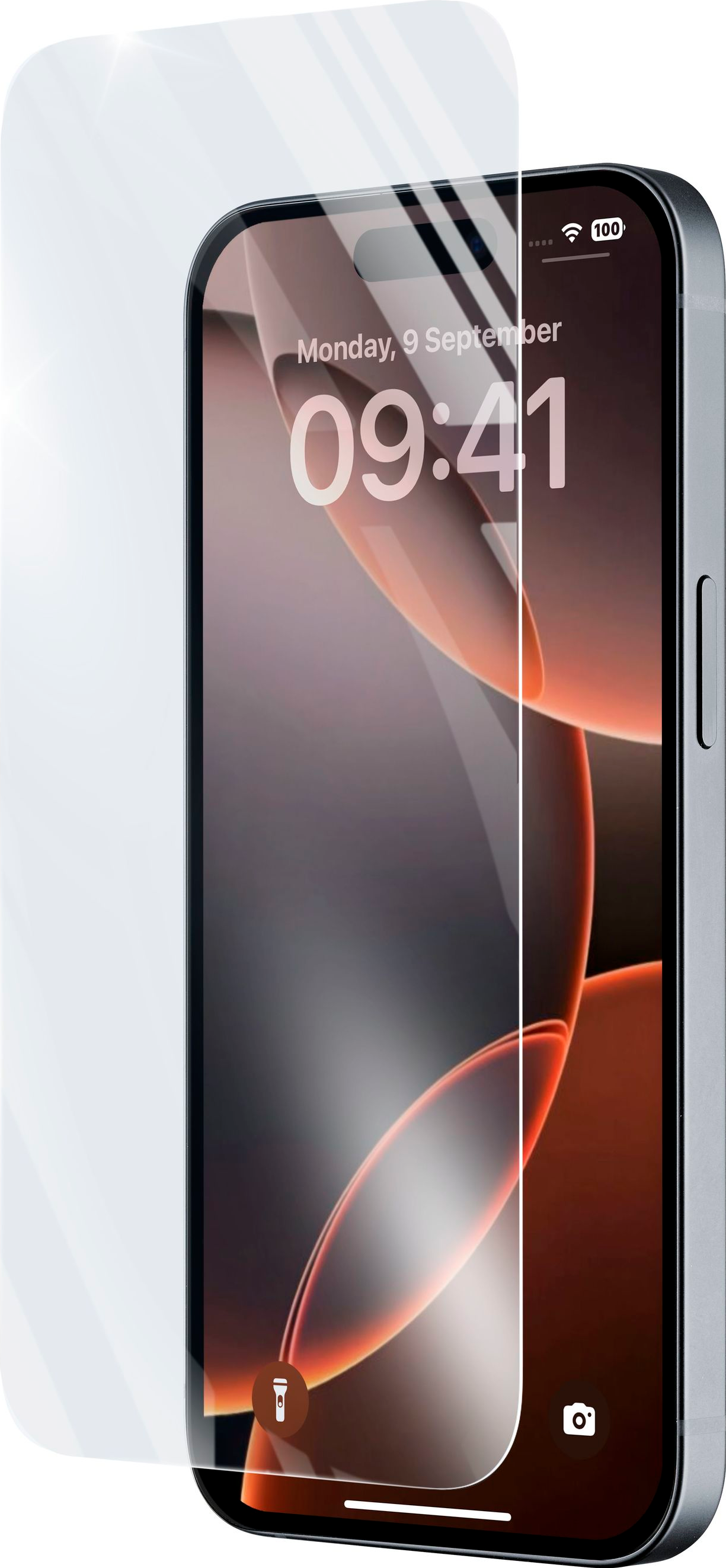 Un smartphone avec un protecteur d'écran appliqué, affichant un écran avec la date et l'heure. Le téléphone est argenté.